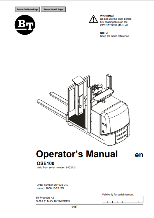 BT FORKLIFT OSE100 OPERATOR MANUAL PDF