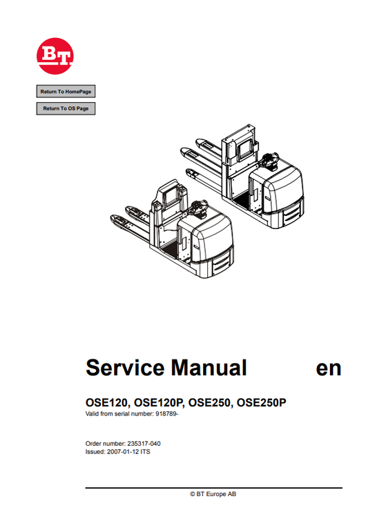 BT FORKLIFT OSE120, OSE120P, OSE250, OSE250P SERVICE MANUAL PDF