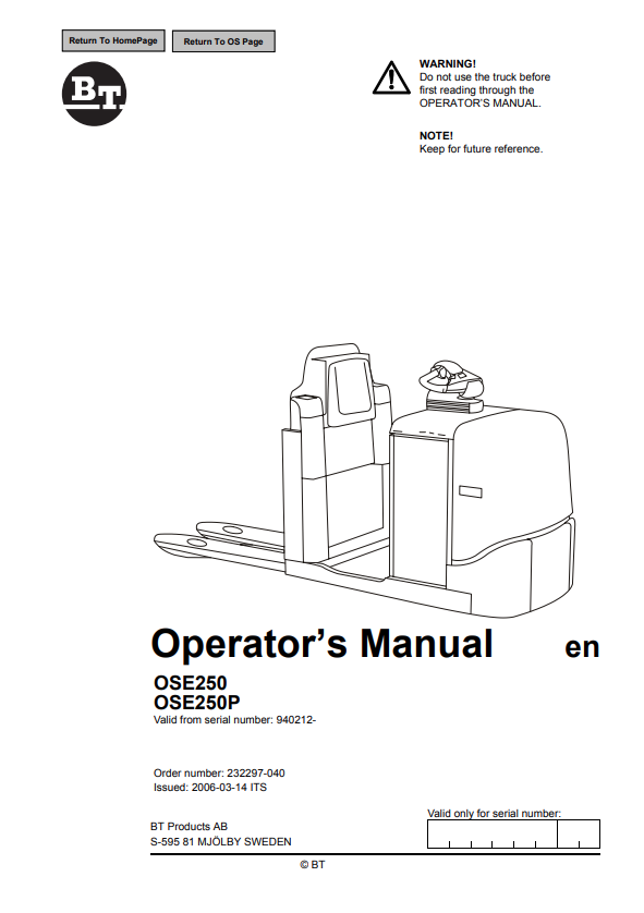 BT FORKLIFT OSE250, OSE250P OPERATOR MANUAL PDF