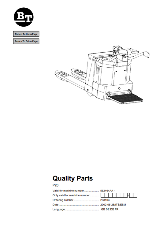 BT FORKLIFT P20 QUALITY PARTS MANUAL PDF
