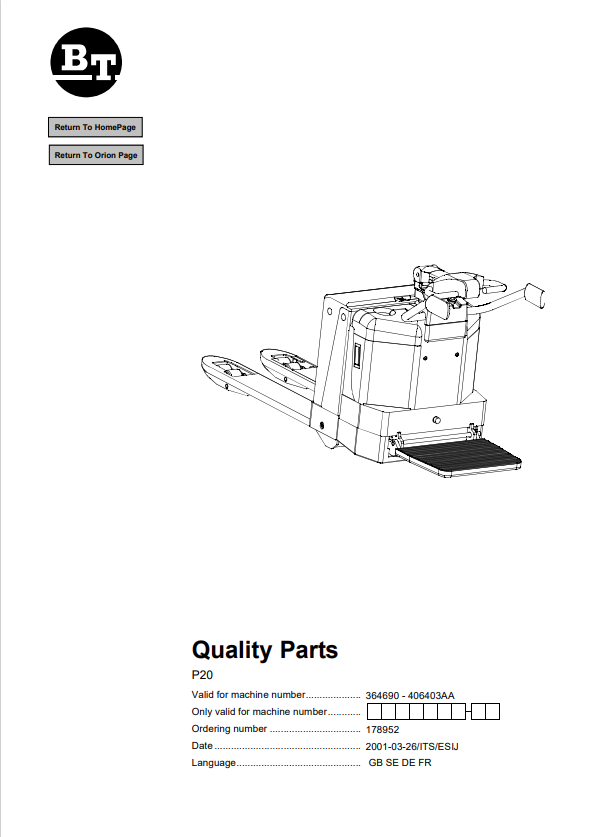 BT FORKLIFT P20 QUALITY PARTS MANUAL PDF