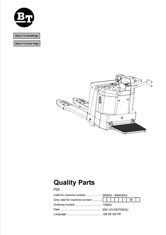 BT FORKLIFT P20 QUALITY PARTS MANUAL PDF