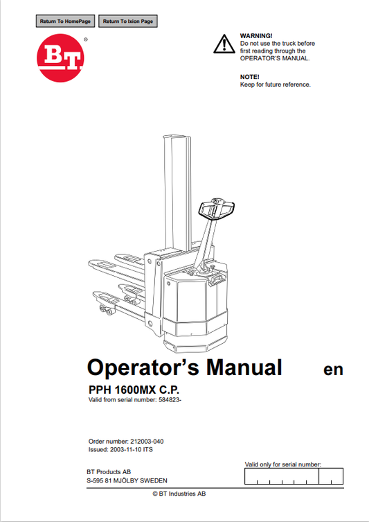 BT FORKLIFT PPH 1600MX C.P. OPERATOR MANUAL PDF
