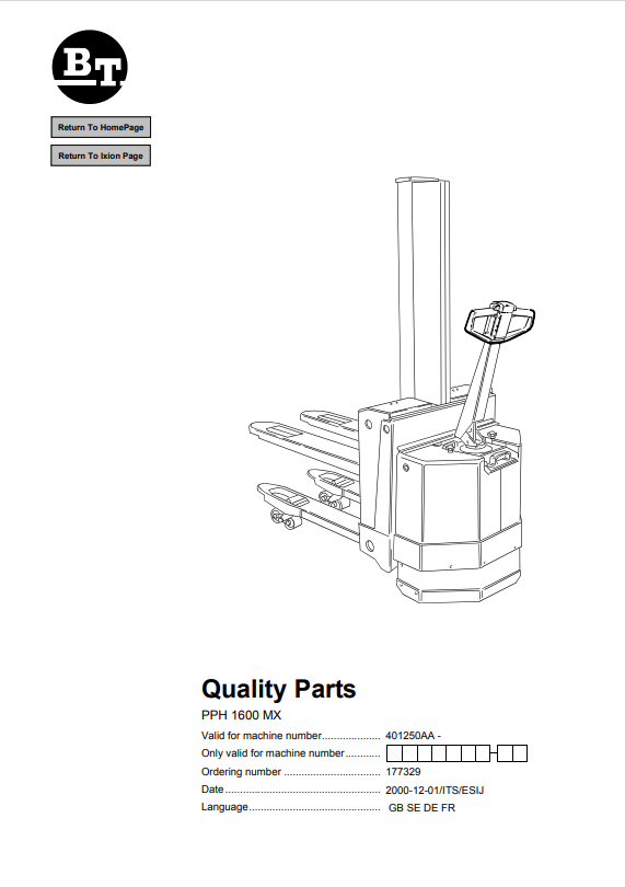 BT FORKLIFT PPH 1600 MX QUALITY PARTS MANUAL PDF