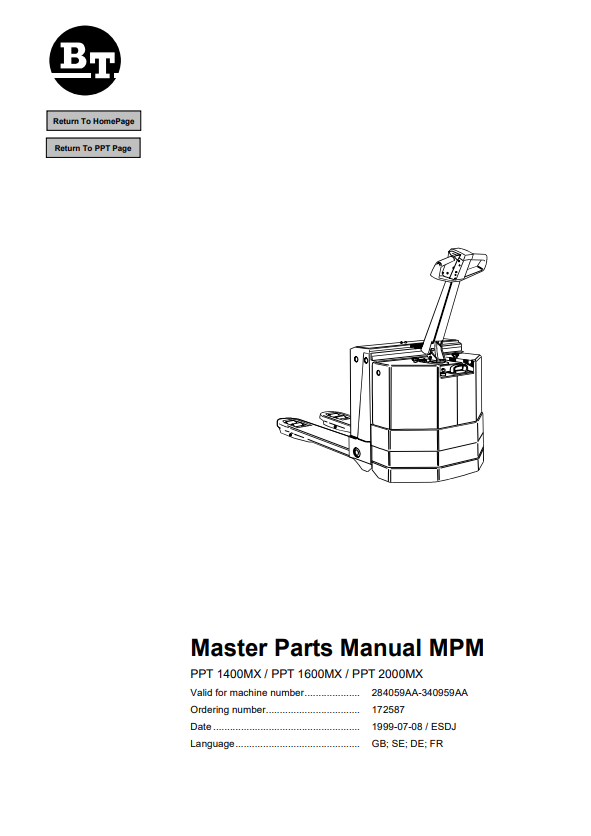 BT FORKLIFT PPT 1400 MX, PPT 1600 MX, PPT 2000 MX QUALITY PARTS MANUAL PDF