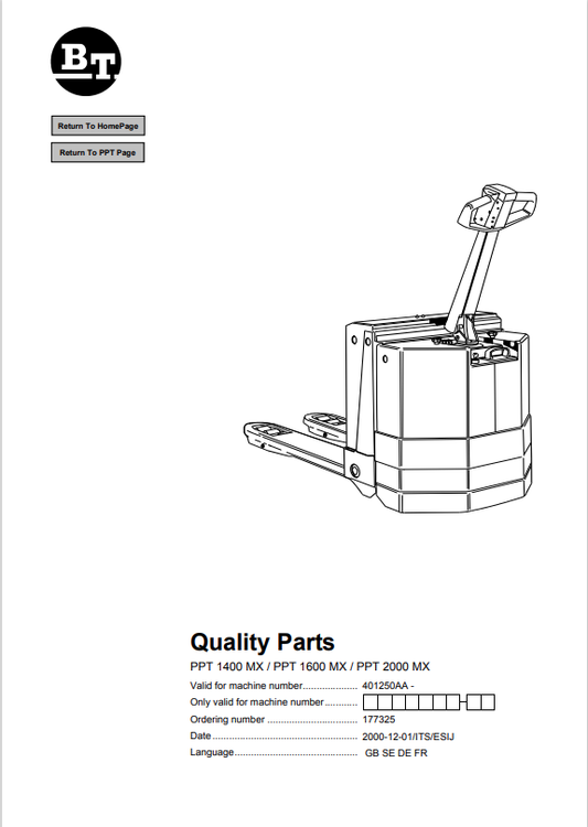 BT FORKLIFT PPT 1400 MX, PPT 1600 MX, PPT 2000 MX QUALITY PARTS MANUAL PDF