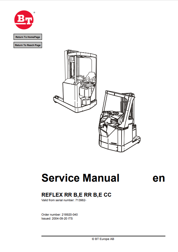 BT FORKLIFT REFLEX RR B,E RR B,E CC SERVICE MANUAL PDF