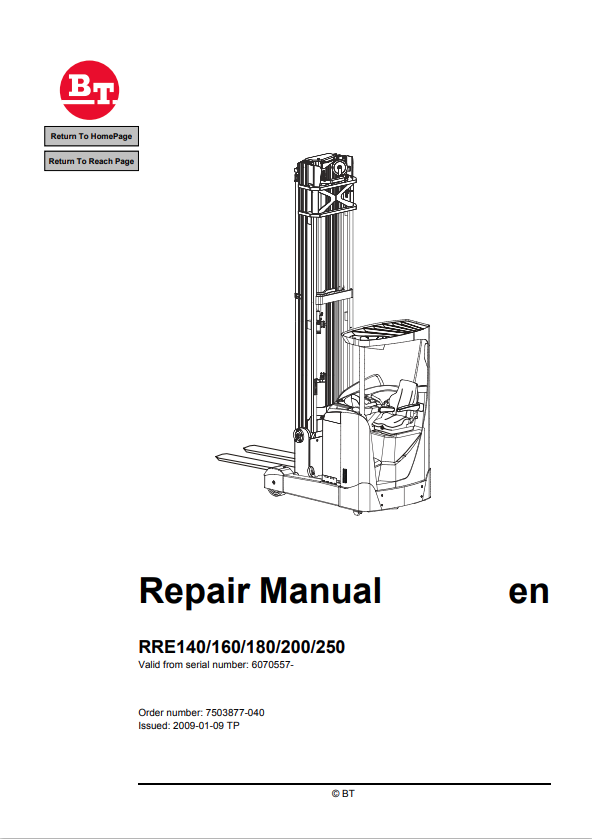BT FORKLIFT RRE140, 160, 180, 200, 250 REPAIR MANUAL PDF