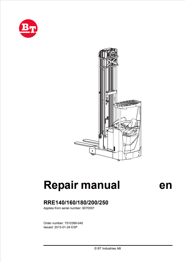 BT FORKLIFT RRE140, 160, 180, 200, 250 REPAIR MANUAL PDF