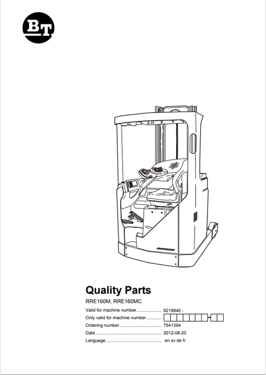 BT FORKLIFT RRE160M, RRE160MC QUALITY PARTS MANUAL PDF