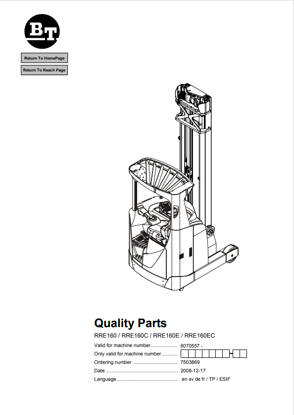 BT FORKLIFT RRE160, RRE160C, RRE160E, RRE160EC QUALITY PARTS MANUAL PDF