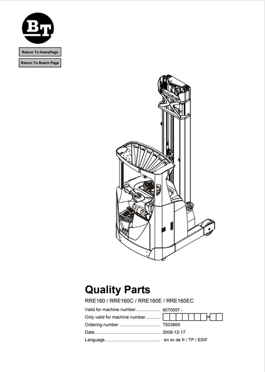 BT FORKLIFT RRE160, RRE160C, RRE160E, RRE160EC QUALITY PARTS MANUAL PDF
