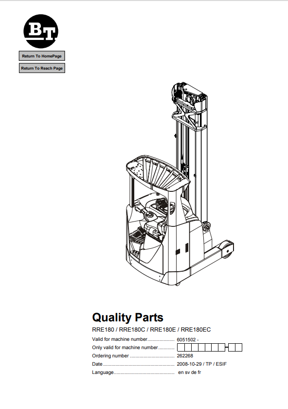BT FORKLIFT RRE180, RRE180C, RRE180E, RRE180EC QUALITY PARTS MANUAL PDF