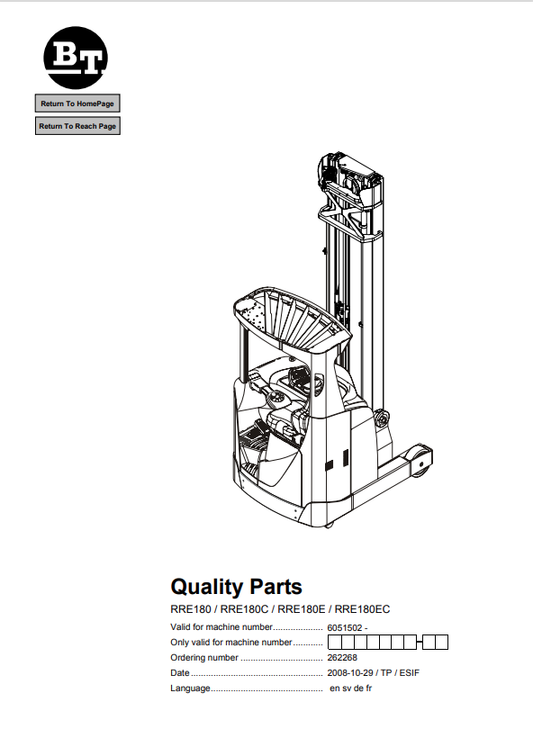 BT FORKLIFT RRE180, RRE180C, RRE180E, RRE180EC QUALITY PARTS MANUAL PDF