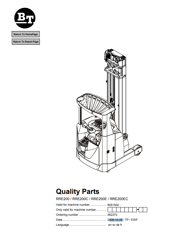 BT FORKLIFT RRE200, RRE200C, RRE200E, RRE200EC QUALITY PARTS MANUAL PDF
