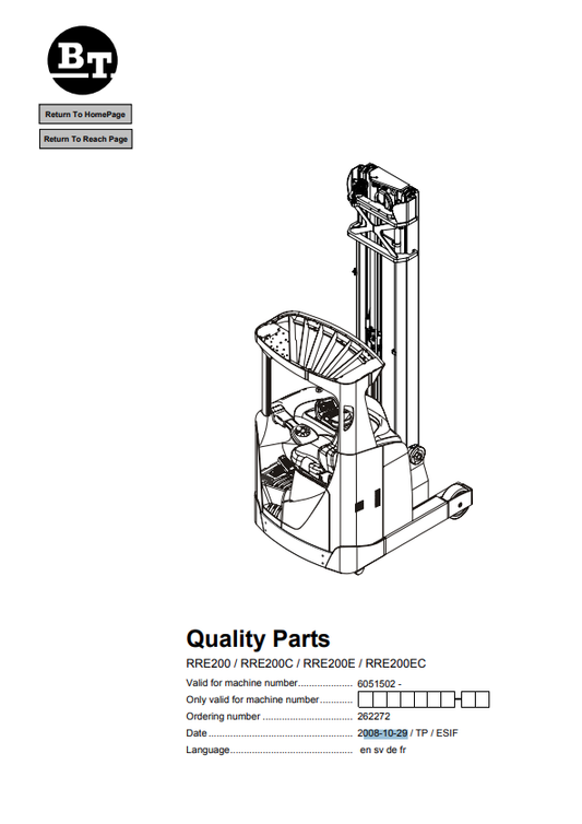 BT FORKLIFT RRE200, RRE200C, RRE200E, RRE200EC QUALITY PARTS MANUAL PDF
