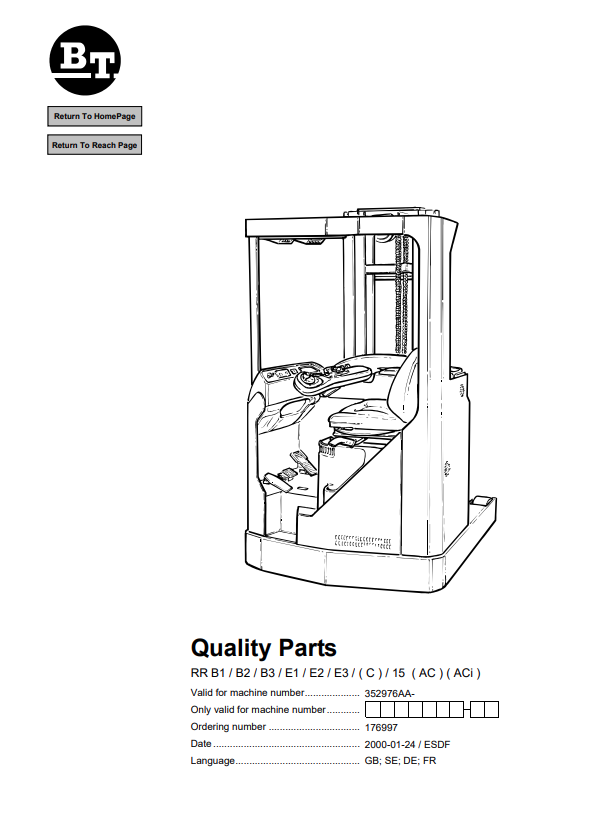 BT FORKLIFT RR B1, B2, B3, E1, E2, E3, (C), 15, (AC), (ACi) QUALITY PARTS MANUAL PDF