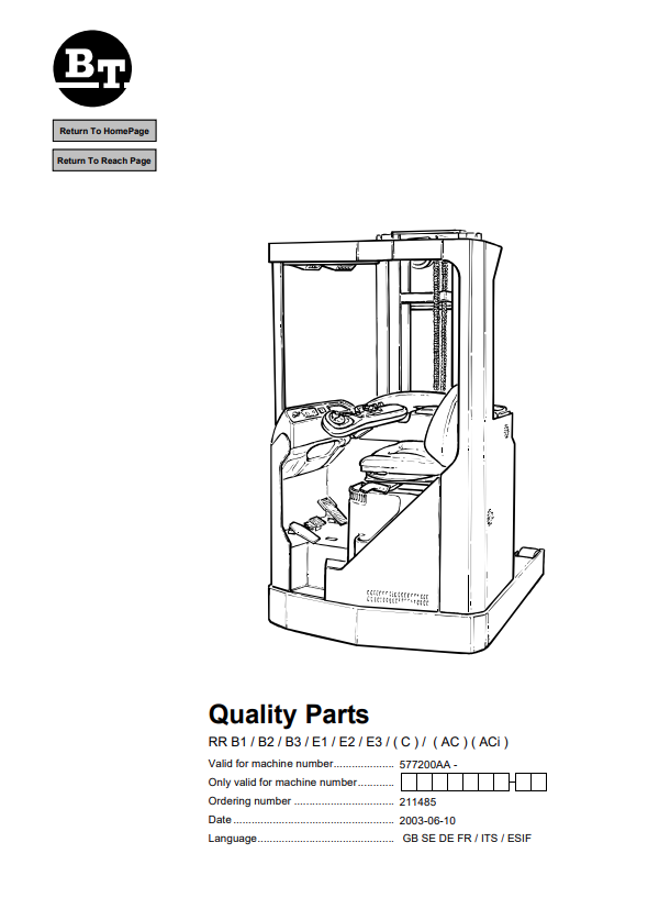 BT FORKLIFT RR B1, B2, B3, E1, E2, E3, (C), (AC), (ACi) QUALITY PARTS MANUAL PDF