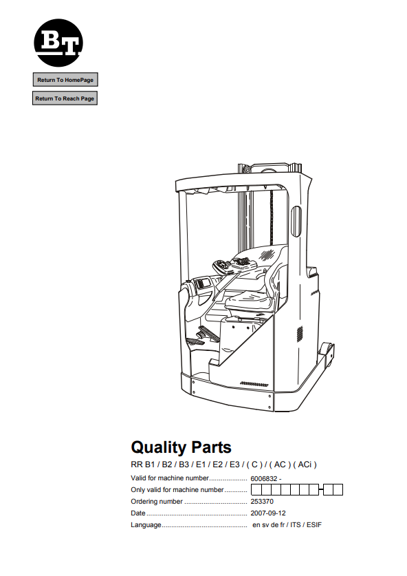 BT FORKLIFT RR B1, B2, B3, E1, E2, E3, (C), (AC), (ACi) QUALITY PARTS MANUAL PDF