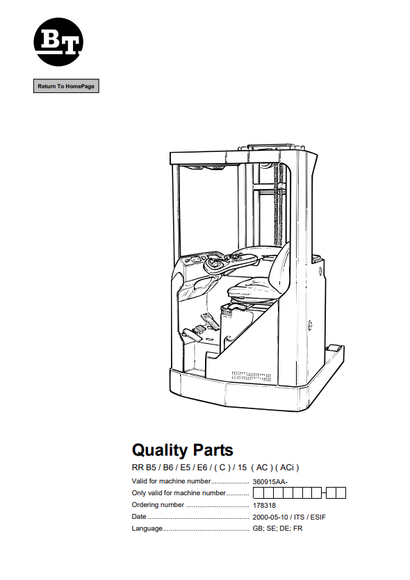 BT FORKLIFT RR B5, B6, E5, E6, (C), 15, (AC), (ACi) QUALITY PARTS MANUAL PDF