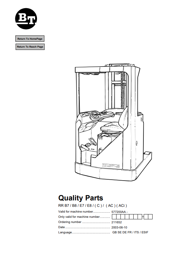 BT FORKLIFT RR B7, B8, E7, E8, (C), (AC), (ACi) QUALITY PARTS MANUAL PDF