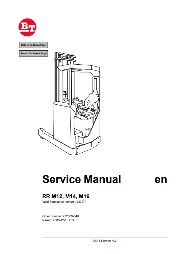 BT FORKLIFT RR M12, M14, M16 SERVICE MANUAL PDF