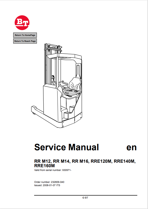 BT FORKLIFT RR M12, RR M14, RR M16, RRE120M, RRE140M, RRE160M SERVICE MANUAL PDF