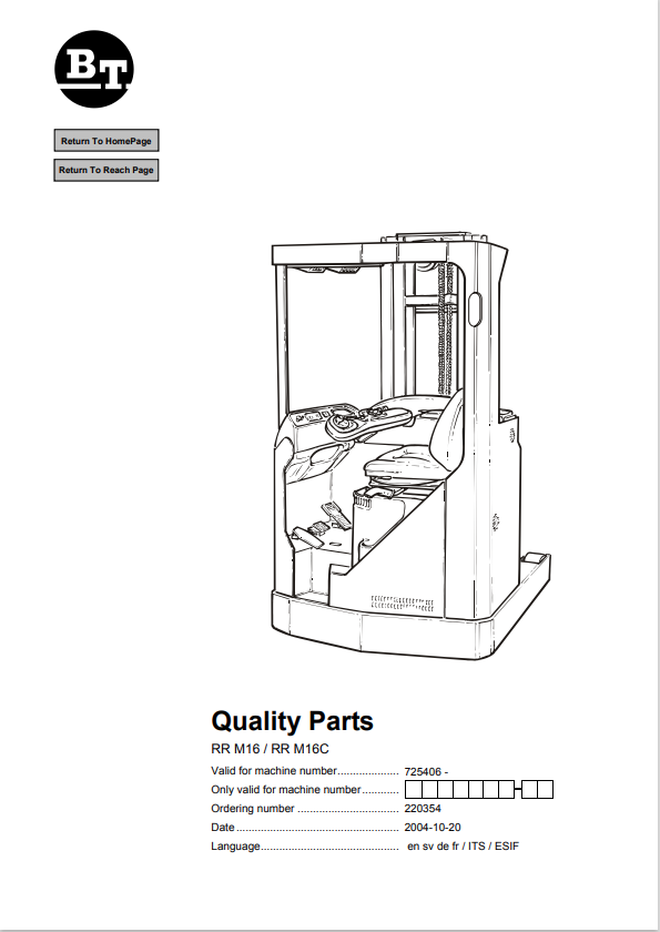 BT FORKLIFT RR M16, RR M16C QUALITY PARTS MANUAL PDF
