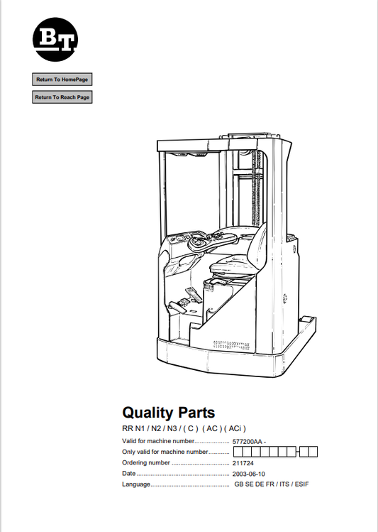 BT FORKLIFT RR N1, N2, N3, (C), (AC), (ACi) QUALITY PARTS MANUAL PDF