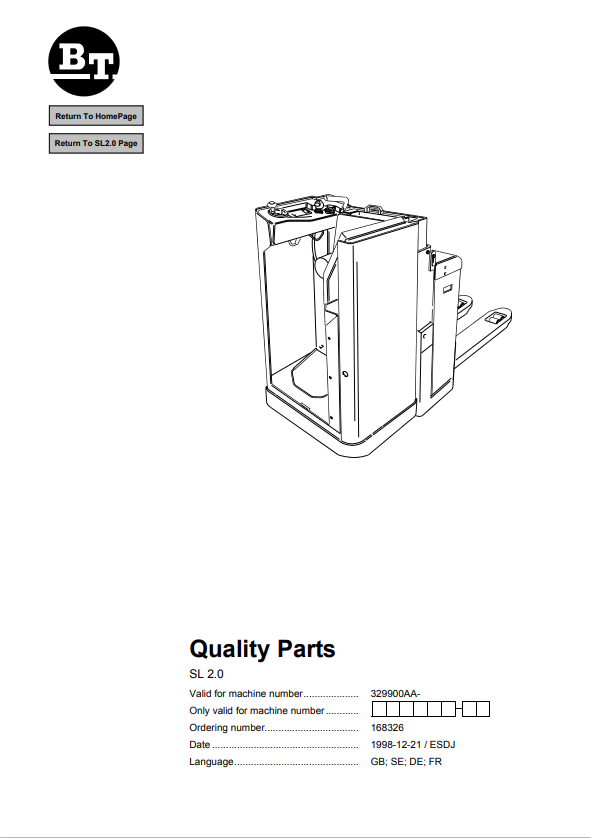 BT FORKLIFT SL 2.0 QUALITY PARTS MANUAL PDF
