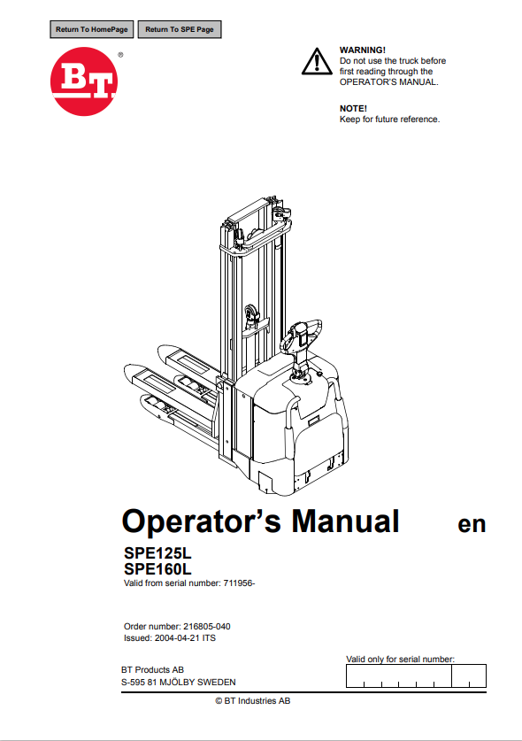 BT FORKLIFT SPE125L, SPE160L OPERATOR MANUAL PDF