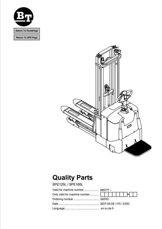 BT FORKLIFT SPE125L, SPE160L QUALITY PARTS MANUAL PDF