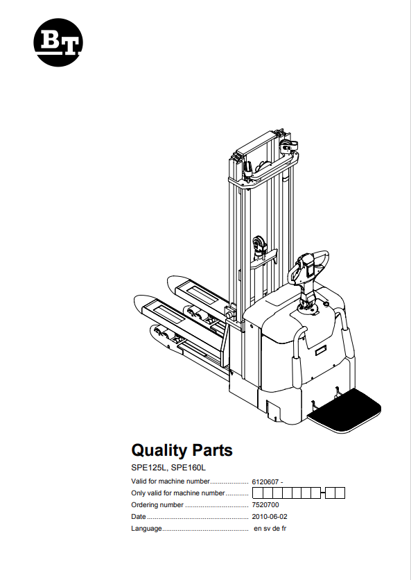BT FORKLIFT SPE125L, SPE160L QUALITY PARTS MANUAL PDF