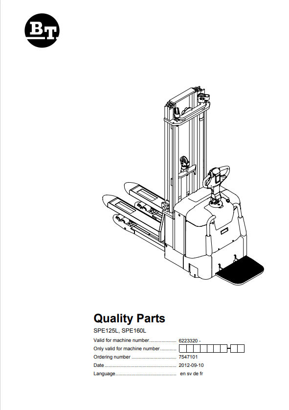 BT FORKLIFT SPE125L, SPE160L QUALITY PARTS MANUAL PDF