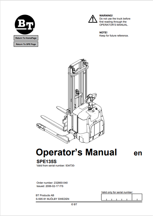 BT FORKLIFT SPE135S OPERATOR MANUAL PDF
