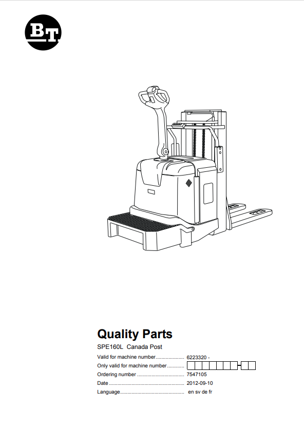 BT FORKLIFT SPE160L CANADA POST QUALITY PARTS MANUAL PDF
