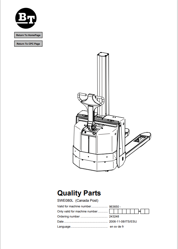 BT FORKLIFT SWE080L CANADA POST QUALITY PARTS MANUAL PDF