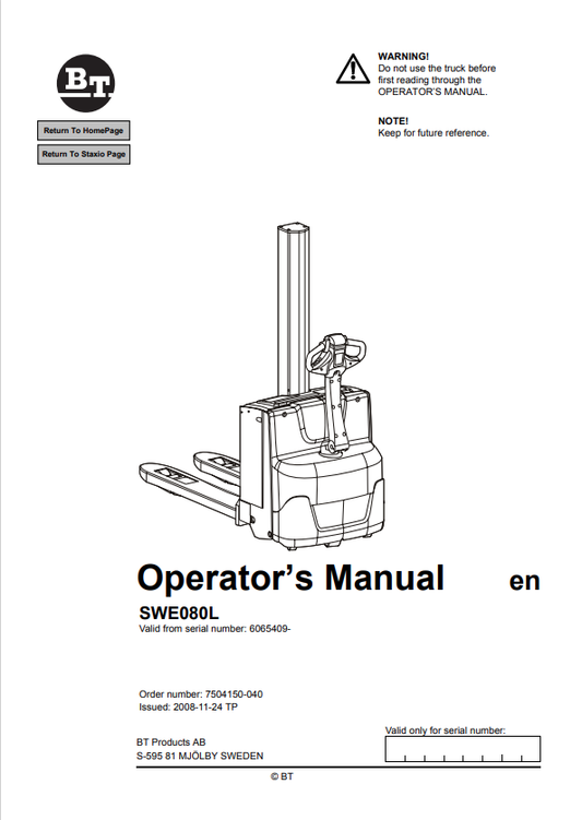 BT FORKLIFT SWE080L OPERATOR MANUAL PDF