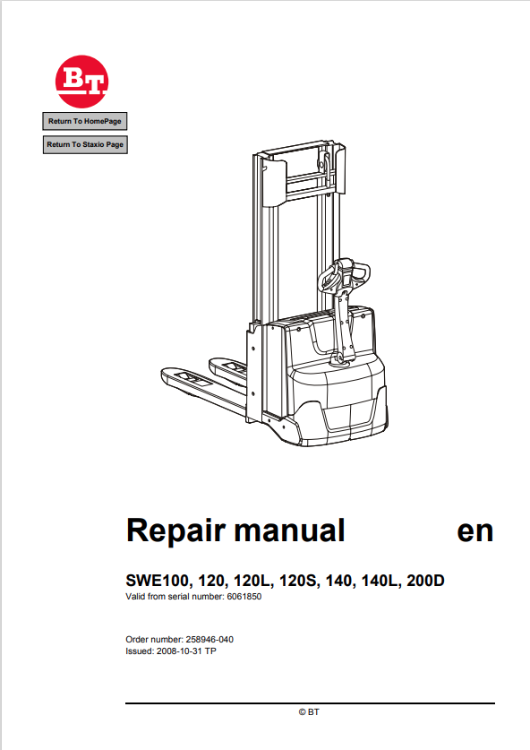 BT FORKLIFT SWE100, 120, 120L, 120S, 140, 140L, 200D SERVICE MANUAL PDF