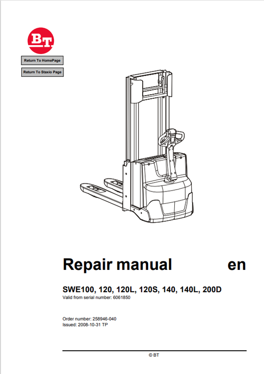 BT FORKLIFT SWE100, 120, 120L, 120S, 140, 140L, 200D SERVICE MANUAL PDF