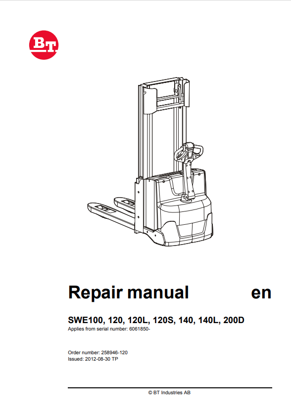 BT FORKLIFT SWE100, 120, 120L, 120S, 140, 140L, 200 SERVICE MANUAL PDF