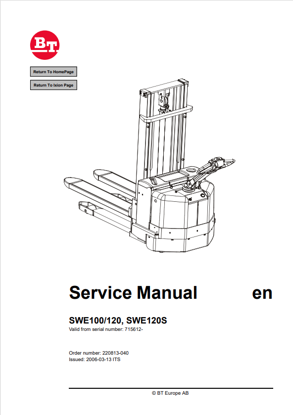 BT FORKLIFT SWE100, SWE120, SWE120S SERVICE MANUAL PDF