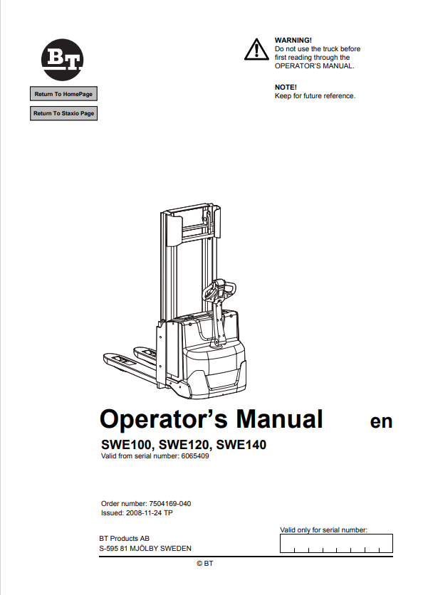 BT FORKLIFT SWE100, SWE120, SWE140 OPERATOR MANUAL PDF