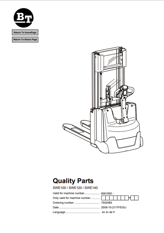 BT FORKLIFT SWE100, SWE120, SWE140 QUALITY PARTS MANUAL PDF