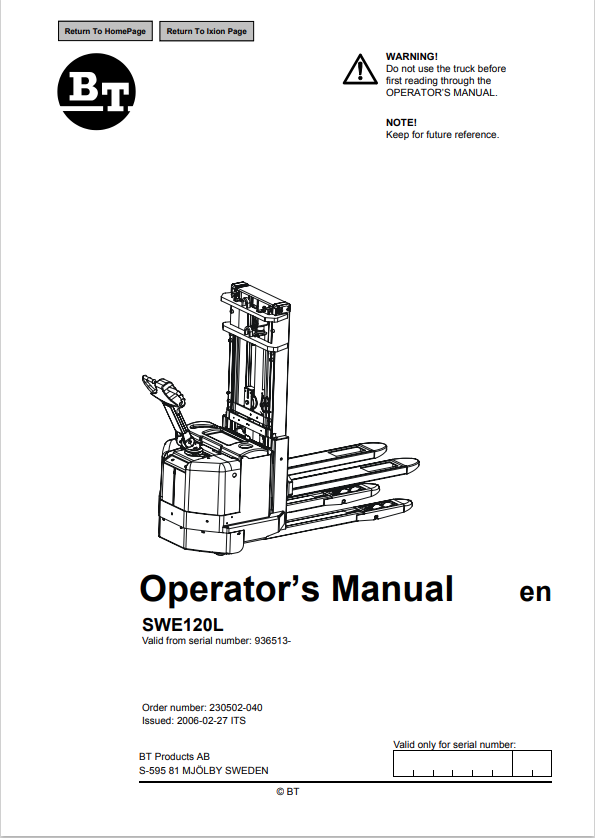 BT FORKLIFT SWE120L OPERATOR MANUAL PDF