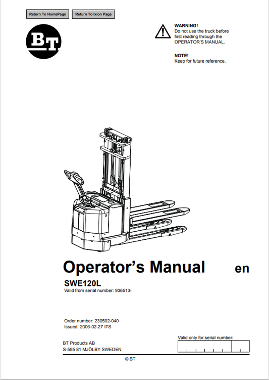 BT FORKLIFT SWE120L OPERATOR MANUAL PDF