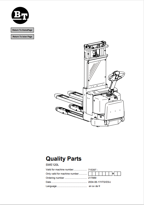 BT FORKLIFT SWE120L QUALITY PARTS MANUAL PDF