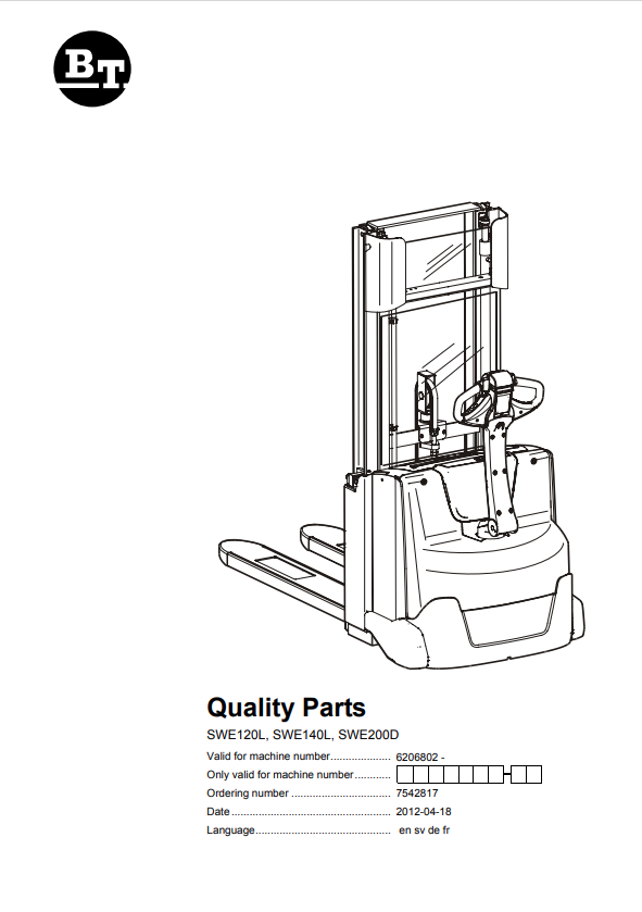 BT FORKLIFT SWE120L, SWE140L, SWE200D QUALITY PARTS MANUAL PDF