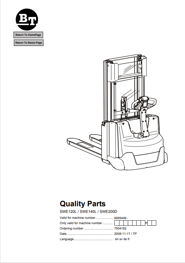 BT FORKLIFT SWE120L, SWE140L, SWE200D QUALITY PARTS MANUAL PDF