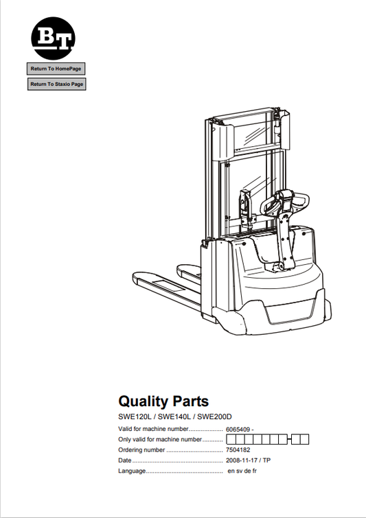 BT FORKLIFT SWE120L, SWE140L, SWE200D QUALITY PARTS MANUAL PDF